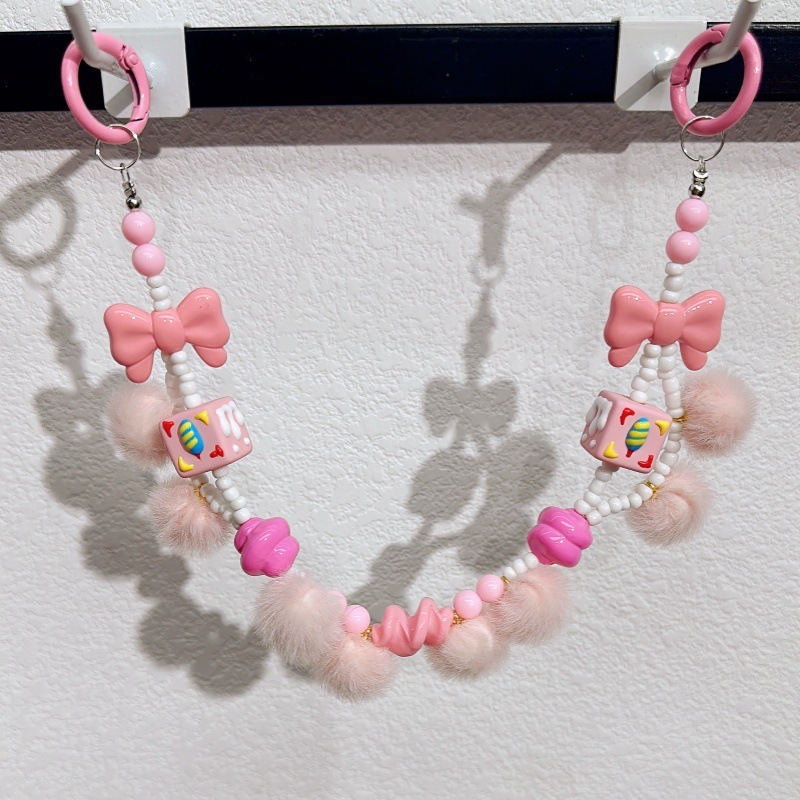 新しい毛玉手描きビーズ携帯チェーン米玉蝶結びストラップ太陽花アクセサリーバッグ飾り鍵|undefined