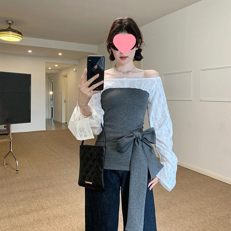 Just Wear It!! !Spliced ​​Shirt Fake Two-Piece One-Shoulder Long-Sleeved Shirt Women's Slimming Top