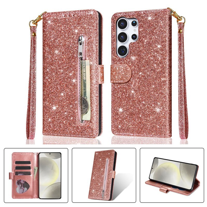 Suitable for Samsung S26Ultra Protective Case with Glitter Zipper, S26 Shiny Wallet Flip Cover, Business Leather Case with Hand Strap