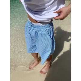 R1DGE夏季新款蓝色条纹短裤男女抽绳沙滩宽松阔腿休闲百搭五分裤