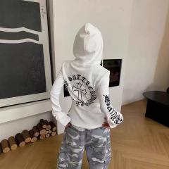 复古十字架辣妹长袖收腰连帽卫衣女秋季新款修身显瘦开衫外套上衣