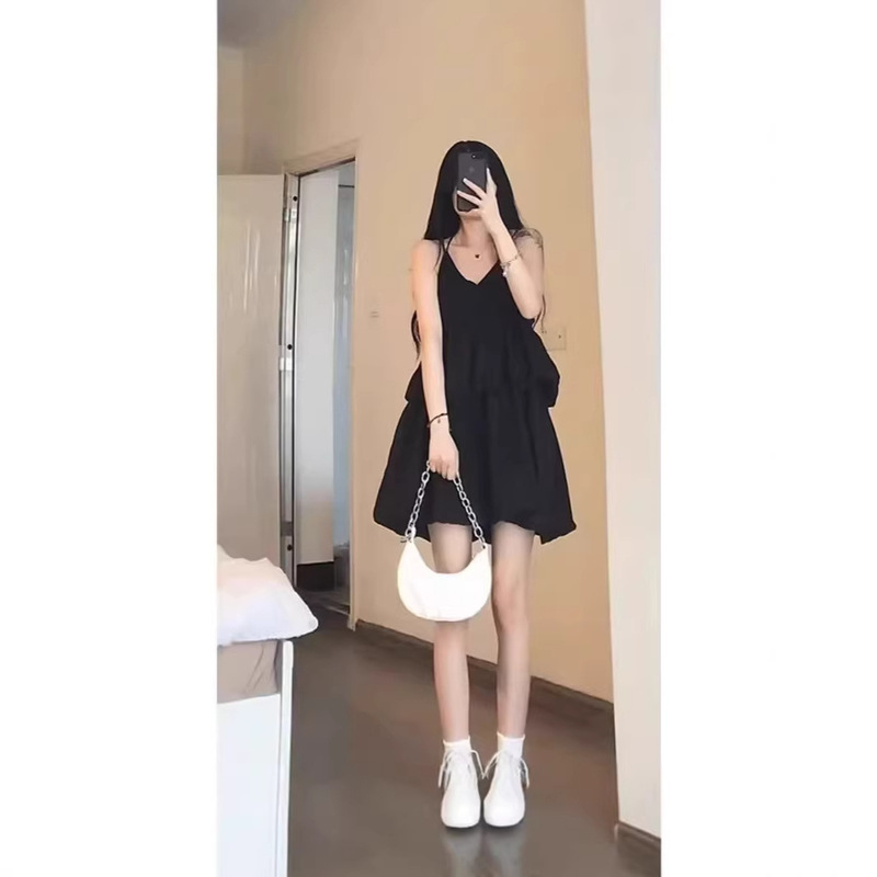 Plus Size Fat Girl 150kg Summer Ruffled V-Neck Backless Chiffon French Style Pure Desire Style Suspender Dress for Women Plus Size Fat Girl 150kg Summer Ruffled V-Neck Backless Chiffon French Style Pure Desire Style Suspender Dress for Women