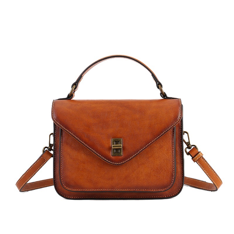Vegetable-Tanned Leather Women's Handbag, Street-Style Vintage Messenger Bag, High-End Envelope Bag, Genuine Leather Shoulder Crossbody Bag