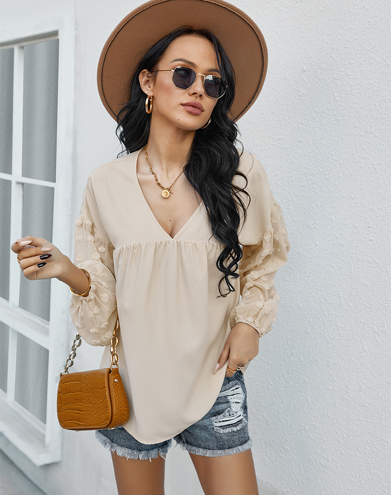 Stitching Long-Sleeved V Neck Solid Color Top NSDY114688