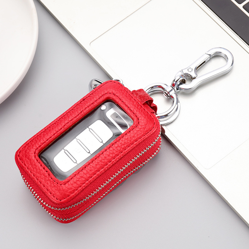 Primera capa de piel de vaca clave caso de doble capa patrón de Litchi clave caso cuero genuino llavero de gran capacidad unisex clave caso