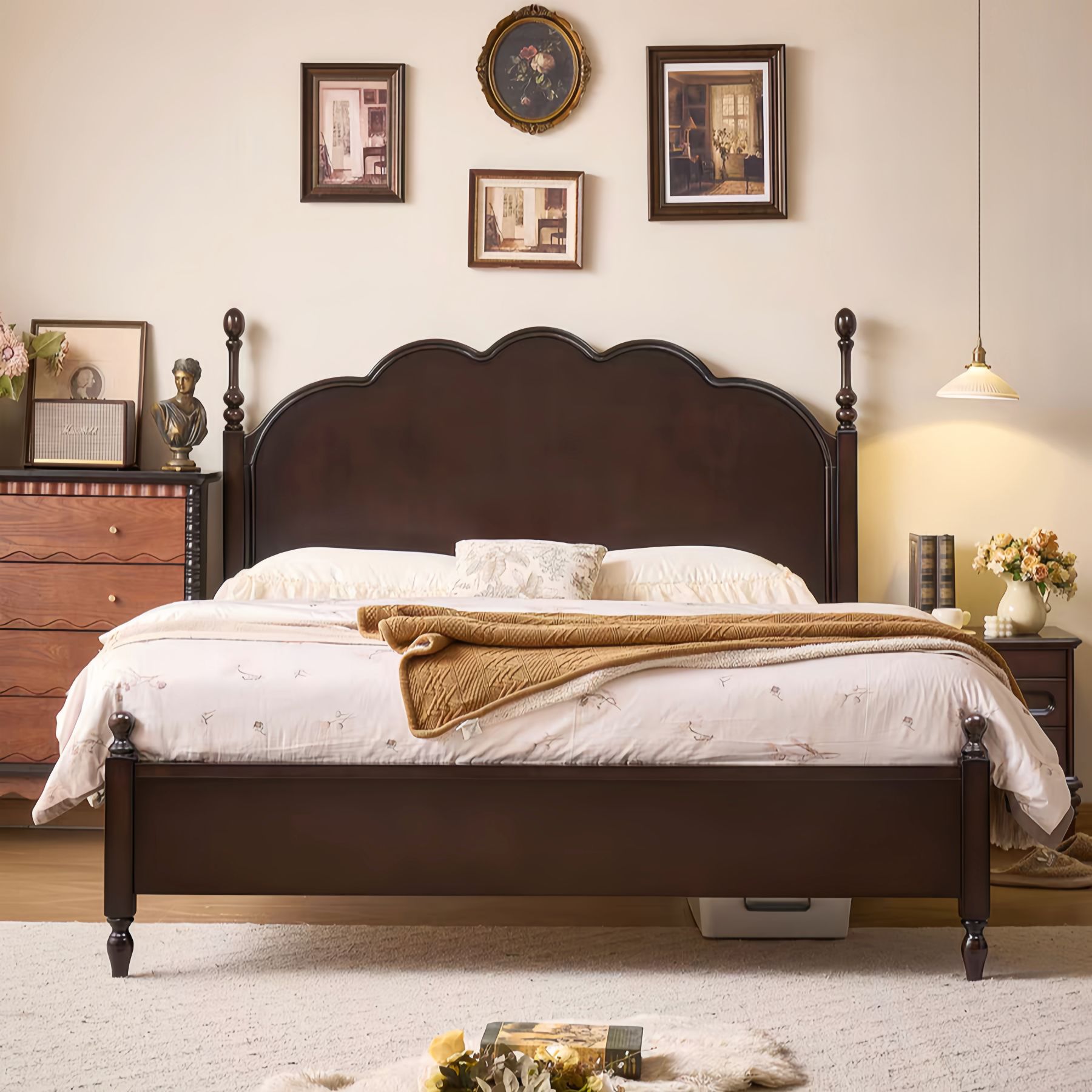 French-Style Vintage Solid Wood Bed 1.8m Marseille Bed Double Bed Wedding Bed 2m Master Bedroom Large Bed Light Luxury Bed Princess Bed
