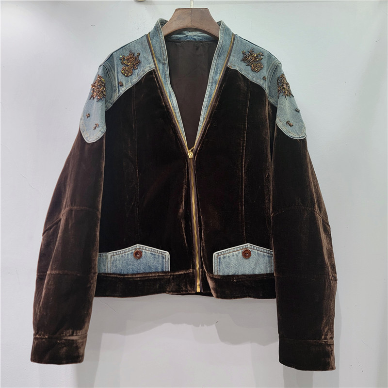 2025 Autumn New Retro Velvet Stitching Contrast Color Jacket Niche Design Beaded Embroidery Denim Jacket Women