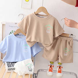 儿童衣服夏季婴幼儿薄款空调服男宝宝纯色短袖套装家居服两件套25