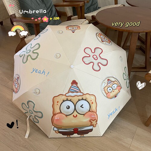 3D three-dimensional sense SpongeBob SquarePants fully automatic umbrella for women, sunny or rainy, high-value sun protection black plastic sun umbrella