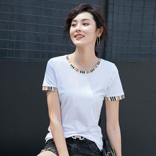 短袖t恤女装韩版新品2024流行条纹圆领拼接修身简约上衣6728