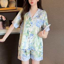 睡衣秋季女款2025年新款冰丝短袖轻奢花卉高级感翻领家居服套装夏