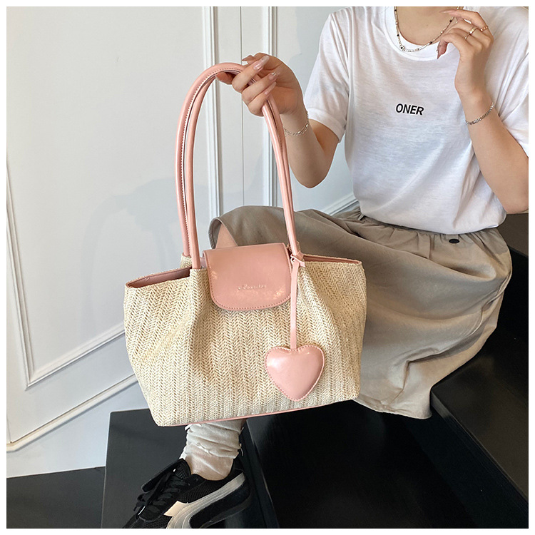 French niche straw woven large-capacity tote bag for women 2025 summer casual vacation beach woven single-shoulder bag trend undefined