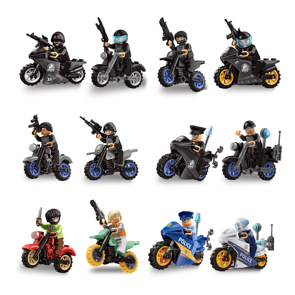 Starle 501B anti-terrorismo equipo de construcción de partículas pequeñas muñecas juguetes motocicleta coche de policía niños niños ensamblaje
