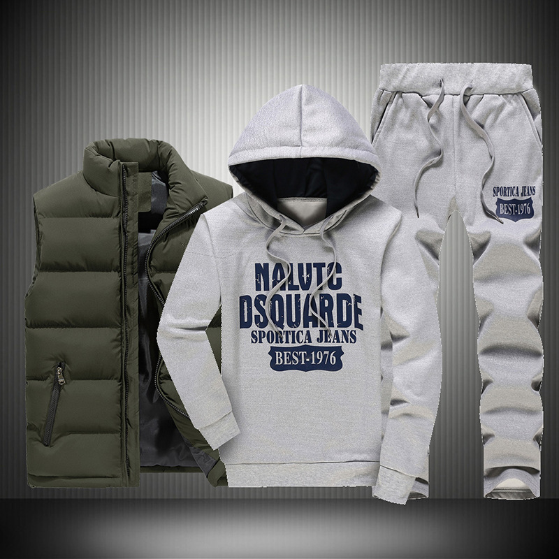 Cross-border Autumn and Winter Men's Hooded Printed Sweat Thickened Three-piece Down Cotton-padded Jacket Vest plus size Casual suit