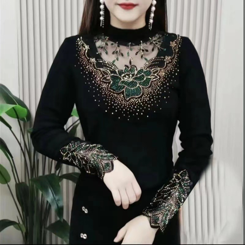 Nuevo otoño/invierno alemán lana media alta cuello de malla bordada de pelo largo de mediana edad moda caliente reducción de edad cubre el vientre top