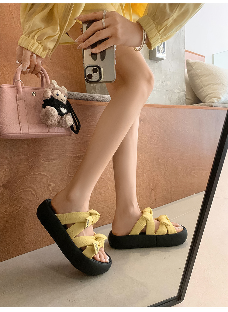 Dép sandal nữ quai chữ V đế dày nơ bướm phong cách bánh mì mềm mại — Màu trắng be, Màu vàng chi tiết 7