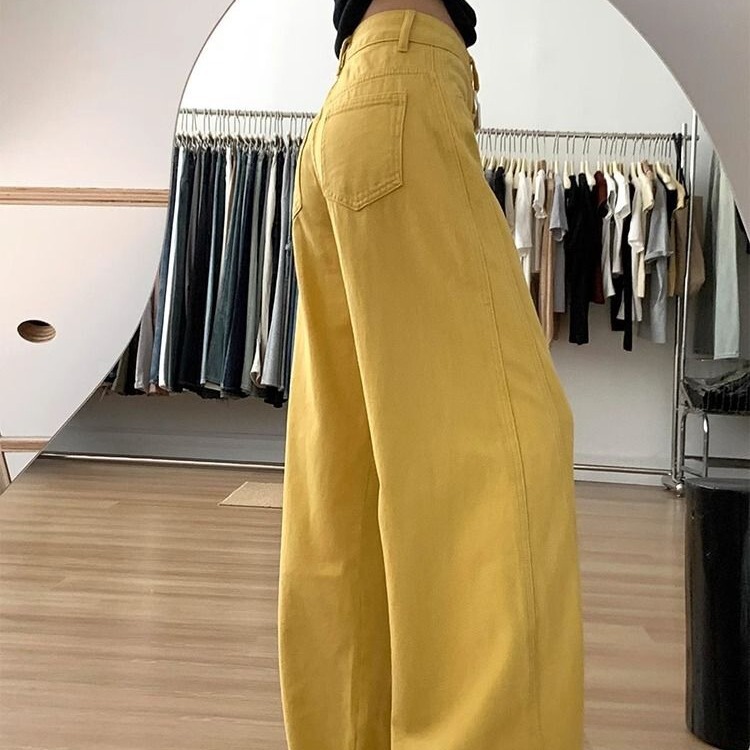 レトロなハイストリートイエローワイドレッグジーンズ女性用春と秋の新しいハイウエストルーズスリミング多用途ストレートレッグフロアレングスパンツトレンディ|undefined