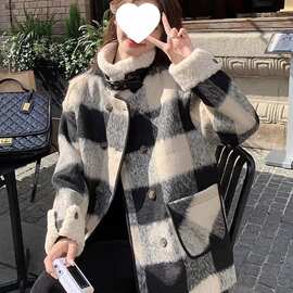 高级感夹棉韩版格子显瘦毛呢外套女新款冬季大码女装遮肉大衣