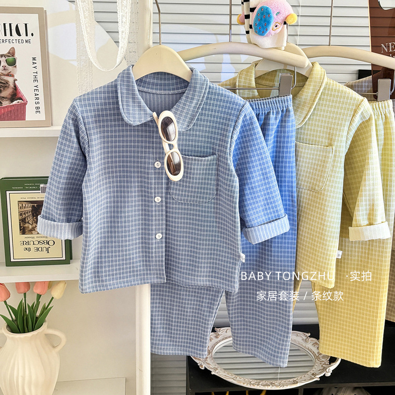 2025秋冬儿童睡衣套装韩版女童简约格子家居服男童翻领开衫两件套|undefined
