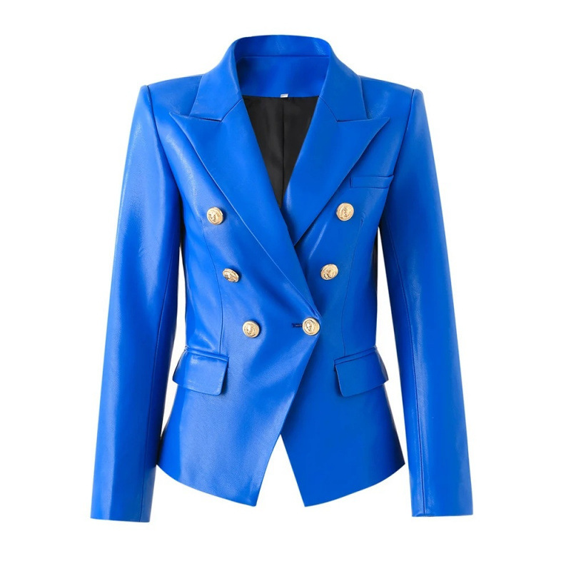 2024 Spring and Autumn New High-Quality PU Leather Metal Buckle Pocket Slim-Fit Stylish Cross-Border Blazer Jacket 2024 Spring and Autumn New High-Quality PU Leather Metal Buckle Pocket Slim-Fit Stylish Cross-Border Blazer Jacket
