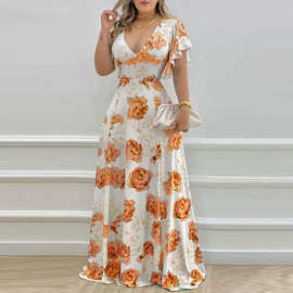 2026 跨境亚马逊 temu Spring Women's V Neck Print Waist Swing