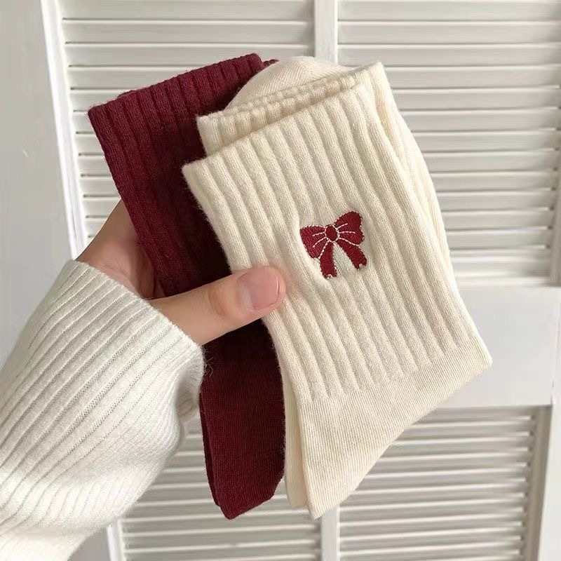 袜子女中筒袜秋季安可拉高筒蝴蝶结条纹堆堆袜百搭运动休闲长筒袜|undefined