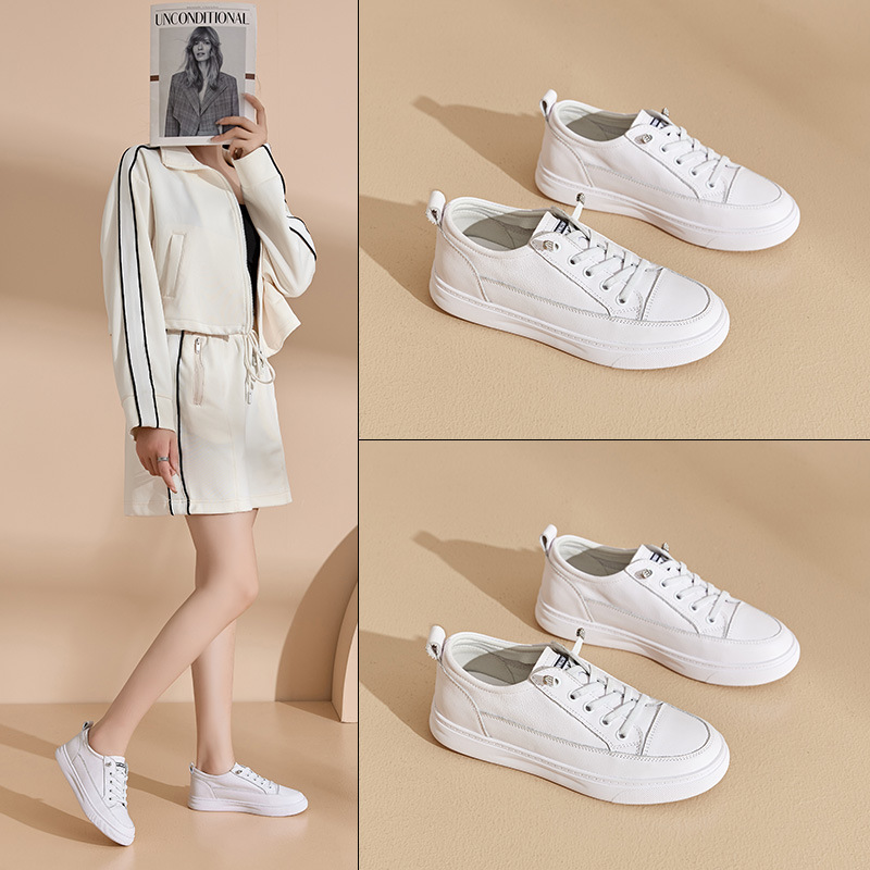 Genuine Leather White Shoes for Women in Summer and Autum Shallow Mouth 2025 Spring Hot Style Breathable Versatile Flats Shoes