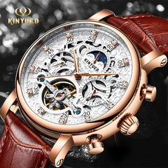 KINYUED Fashion Genuine Leather Men's Automatic Mechanical Watch, Hollowed-out Waterproof Mechanical Men's Watch