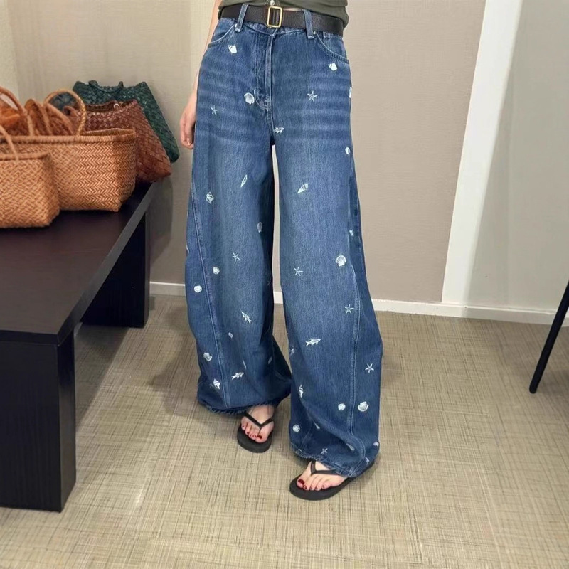 French-Style Niche 25-Year Early Autumn New Vintage Ocean Embroidery Loose Straight Wide-Leg High-Waisted Denim Pants for Women French-Style Niche 25-Year Early Autumn New Vintage Ocean Embroidery Loose Straight Wide-Leg High-Waisted Denim Pants for Women