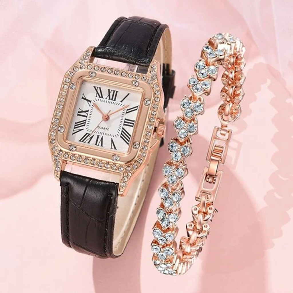 2 st/set dammodetrend elegant fyrkantig urtavla kvartsklocka + strass armbandsklocka_voghion.com