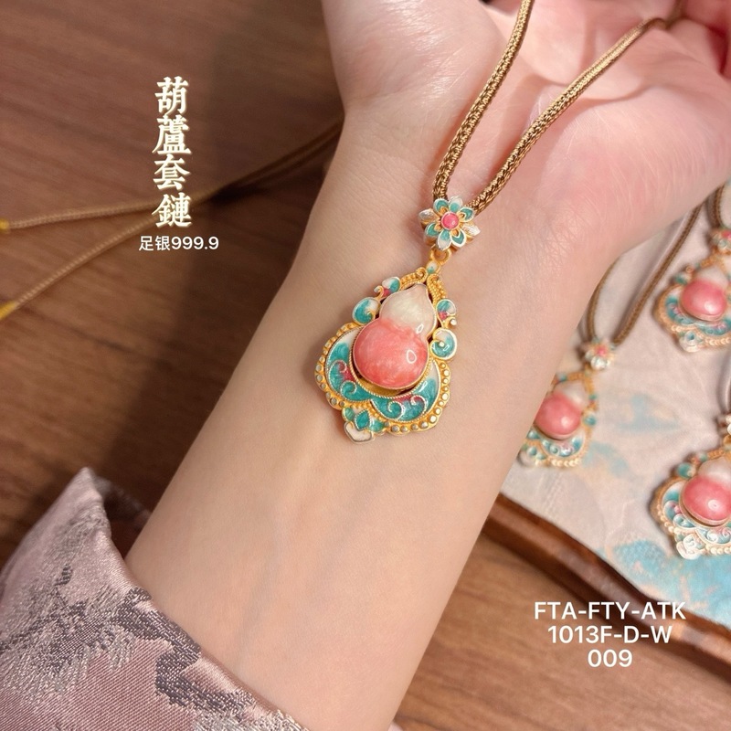 足银9999描金珐琅彩葫芦吊坠女国潮风纯银百搭毛衣链复古气质套链|undefined