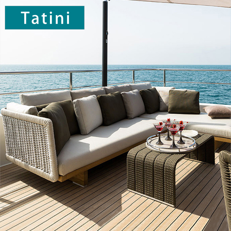 Sofá de patio exterior, conjunto de muebles para jardín y balcón, sofá de ratán y teca resistente al agua y al sol para terraza de villa.