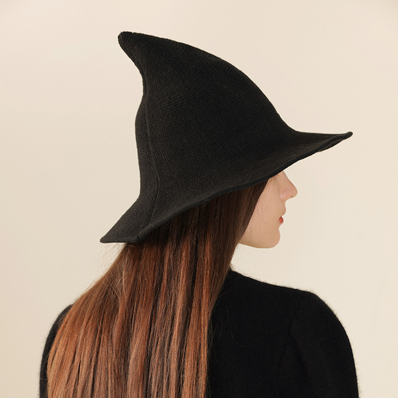 New Wool Wizard Hat, Popular Halloween Witch Hat, Cross-border Pointed Top and Large Brim Knitted Party Role-playing_voghion.com