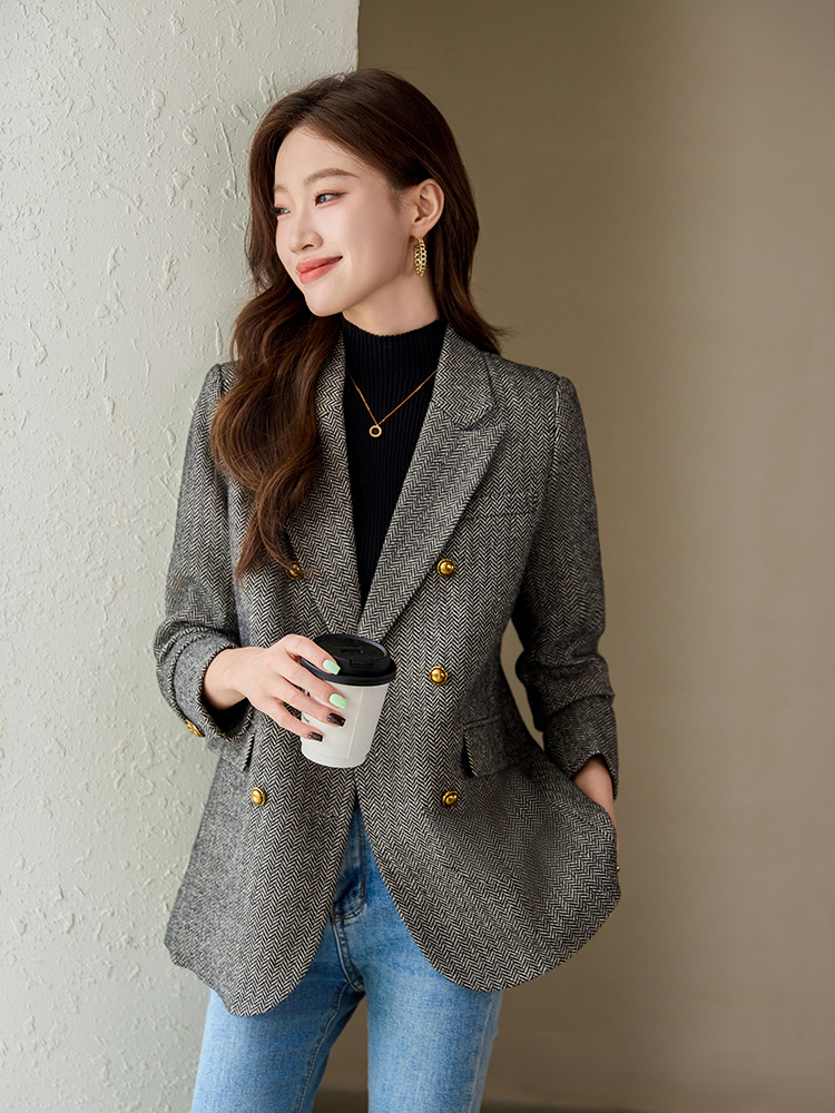 【海外貿易人気商品】高級ウールコーヒー色の綿入りスーツジャケット レディース 2026春秋 韓国風ダブルブレストジャケット