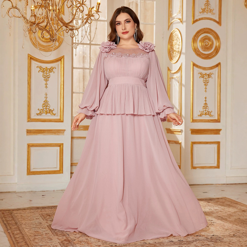 Round-neck lantern long-sleeve faux two-piece dress, light luxury sequin patchwork pink elegant gown