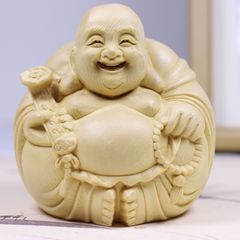 Carved Cypress Wood Home Office Ornament, Playable Buddha Figurine, Craft Gift, Laughing Buddha, Maitreya Buddha, Harmonious Atmosphere Carved Ornament