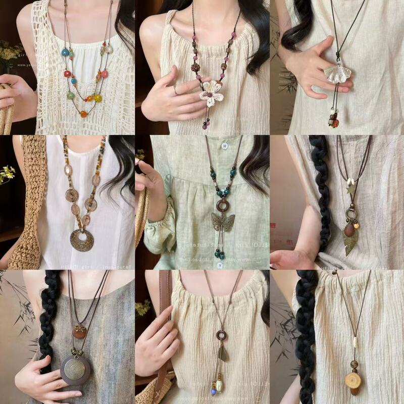 Vintage Ethnic Style Fruit Pendant Necklace for Women, Long Woven Design, Niche High-End Versatile Sweater Chain Accessory