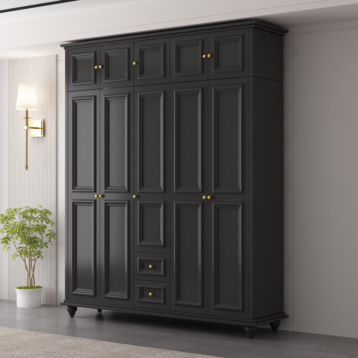 American Style Country Wardrobe Solid Color Simple Solid Wood Wardrobe with Top Cabinet Household Bedroom Wardrobe with Drawer Cabinet