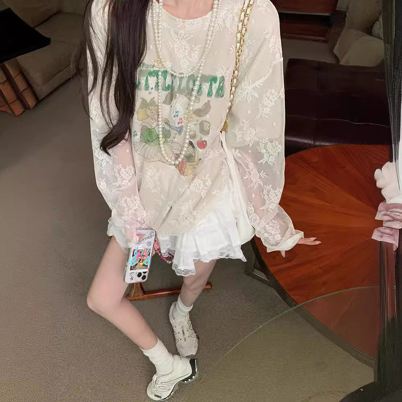 Korean-Style Uus Original Lace Long-Sleeve T-Shirt, New Model 26, Round Neck with Cartoon Pattern, Apricot Color, Sun-Protective Top, Versatile for Spring and Summer