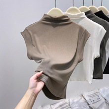 2025早秋新款洋气半高领正肩t恤女坎肩小飞袖短袖打底衫针织上衣
