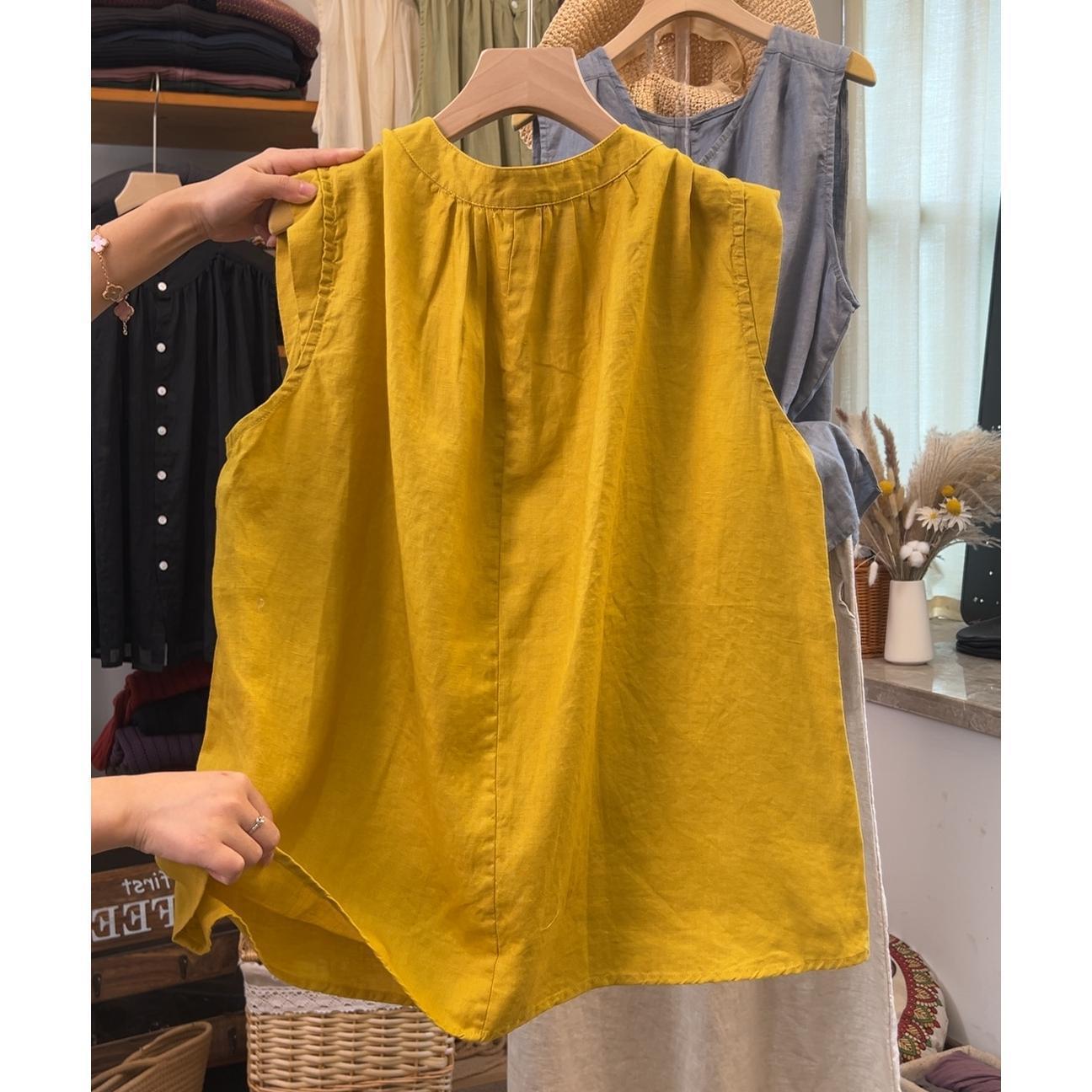 Navy Blue Summer Cotton-Linen Flutter Sleeve T-Shirt for Women, Plus Size Casual Loose Cotton Sleeveless Top Cotton Shirt