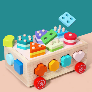 Children's wooden multifunctional intelligence box baby toys educational geometric shape matching cognitive building blocks intelligence car