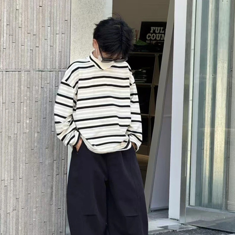 男童春秋美式潮牌百搭条纹长袖T恤2025年新款中小童酷炸洋气上衣|undefined