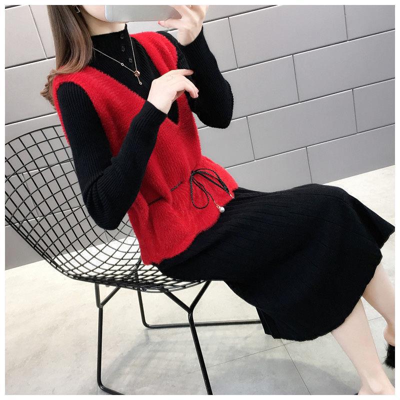 ニットドレススーツ女性の秋服 2025 新しい模造ミンクベルベットベストロングセータードレスツーピーススーツ|undefined