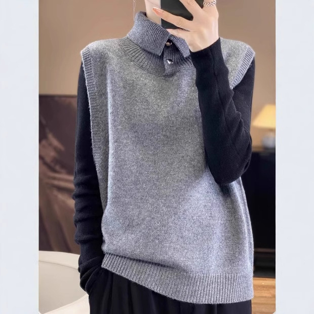 New High Neck Vest Women's Autumn and Winter Pullover Short Sleeve Waistcoat Loose Sleeveless Sweater Knitted Vest New High Neck Vest Women's Autumn and Winter Pullover Short Sleeve Waistcoat Loose Sleeveless Sweater Knitted Vest