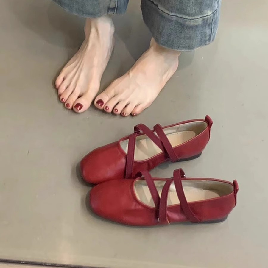 Versión de piel de oveja ~ Zapatos Mary Jane rojos con cinta cruzada francesa, zapatos planos, zapatos de ballet de hadas de estilo nocturno de boca baja para mujer