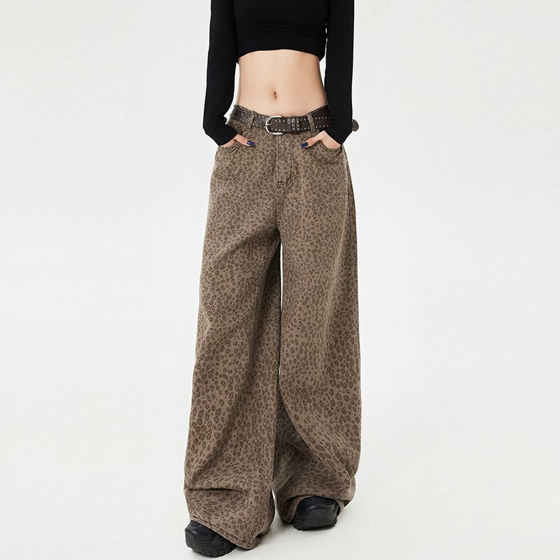 2024 Autumn and Winter New Love Embroidery Repair Ancient Low Saturated Leopard Print American Style High Street Wide Leg Loose Jeans for Women