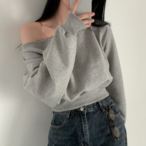 Chic temperament sexy pure desire one-shoulder shoulderless short-sleeved sweater women loose versatile long-sleeved solid color sweater women's fashion 