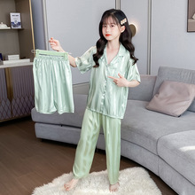 女童提花宽条纹冰丝睡衣套装夏款短袖三件套2025新款大儿童家居服