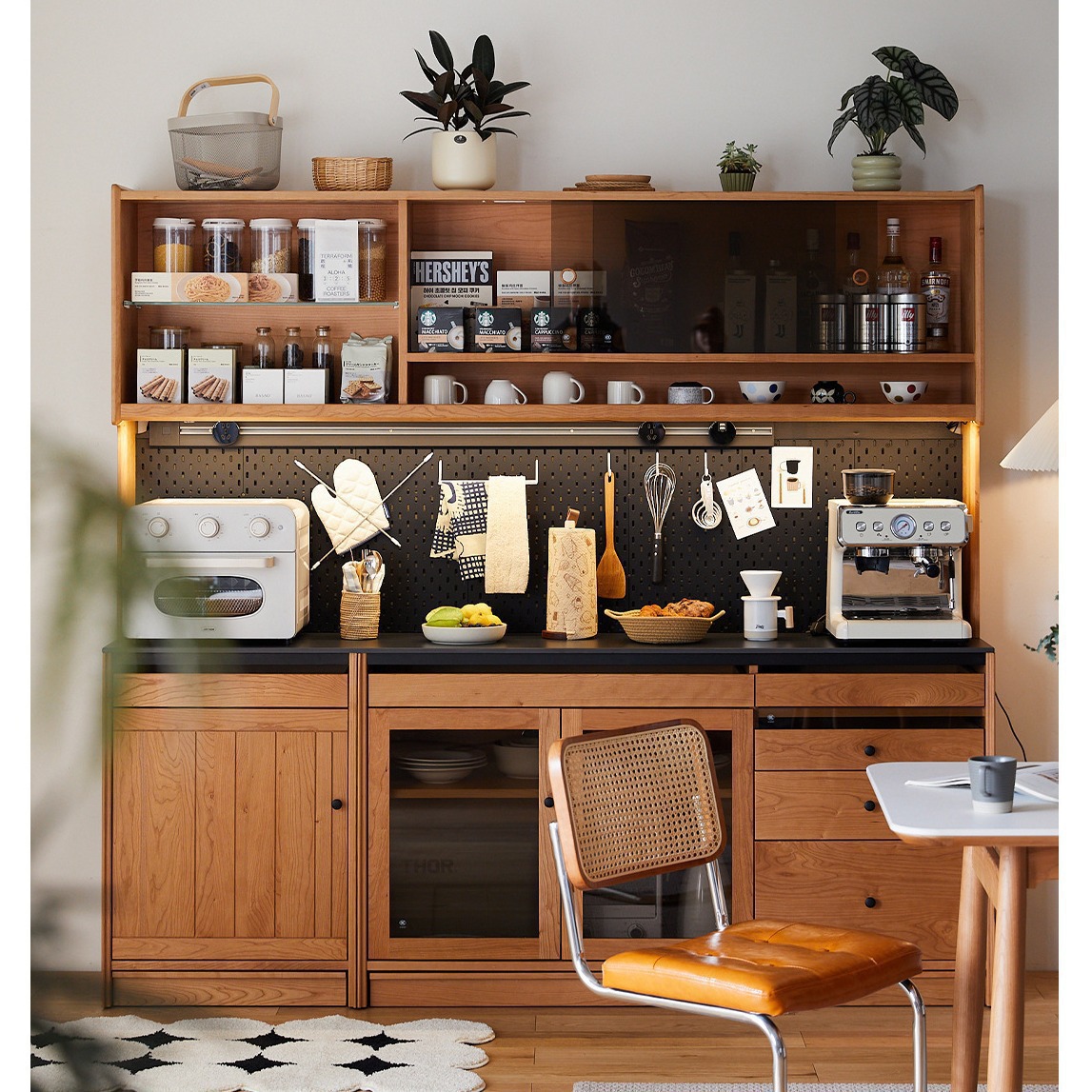 Scandinavian Solid Wood Sideboard Japanese Cherry Wood High Cabinet Slate Wall Tea Cabinet Storage Locker Wine Cabinet